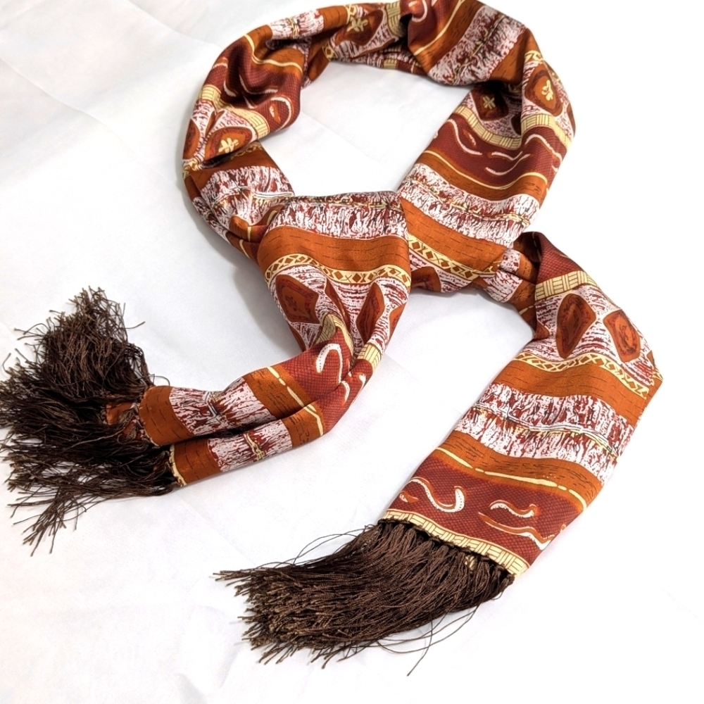NWOT 100% Silk Abstract Print - Burnt Orange,Brown,Yellow Wide Oblong Scarf - Picture 3 of 15